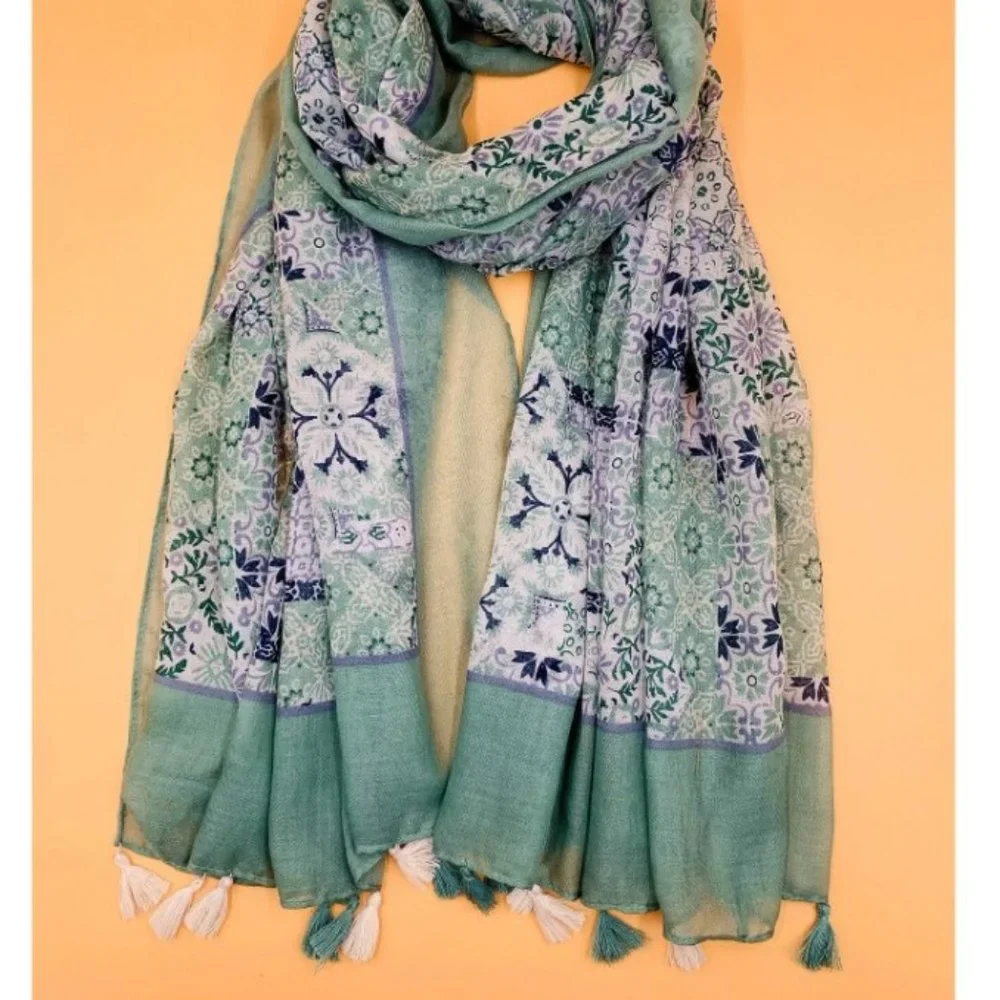 Boho Green Floral Scarf Women Lightweight Soft Shawl Wrap Long Polyester